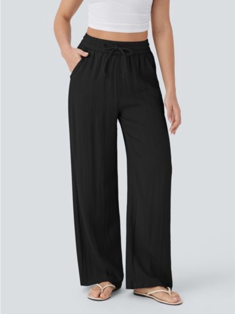 HALARA Size Small/ Tall Black Wide-Leg Drawstring Linen Pants - Picture 3 of 10
